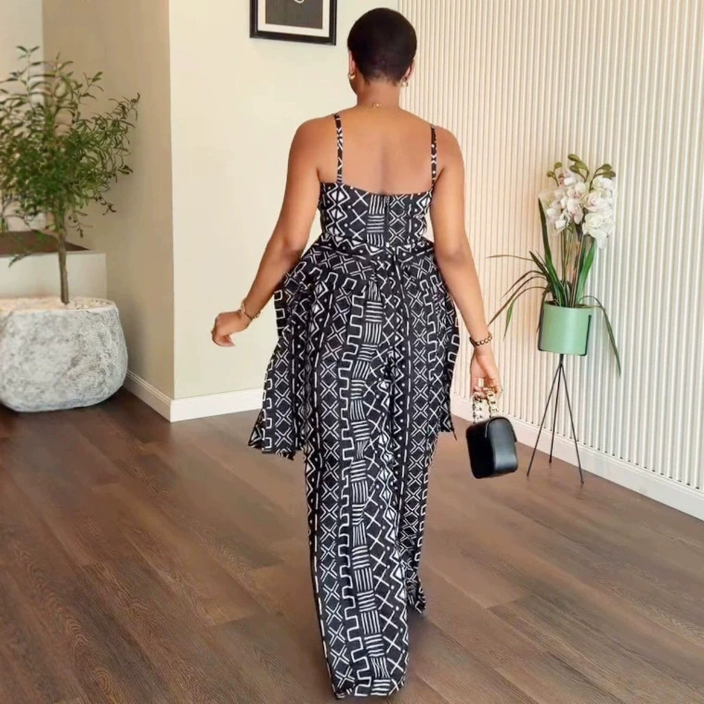 ZARA African Print Square Neck Camisole High Waist Straight Leg Pants Set